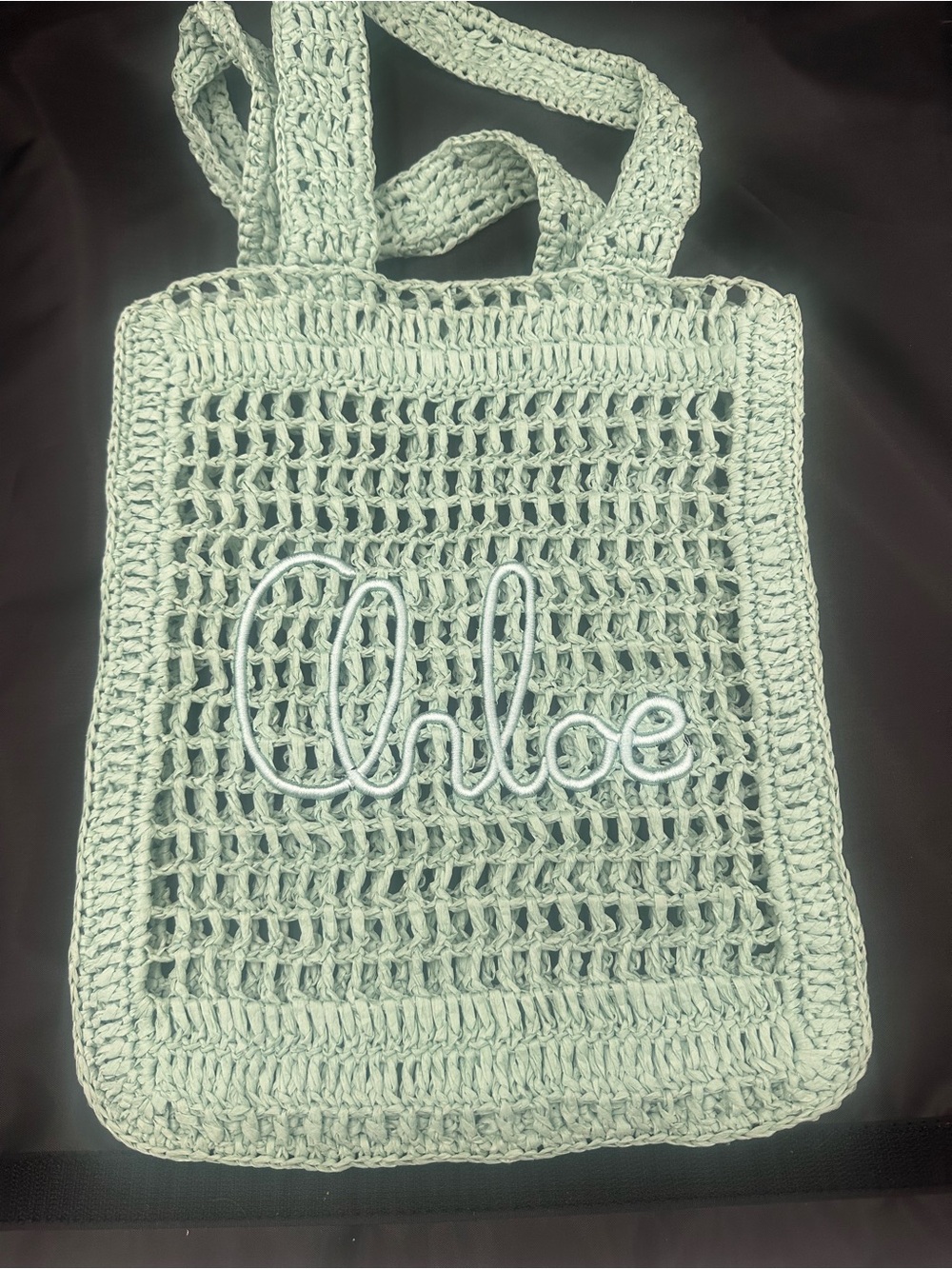 Mint Green Crochet Tote with Script Logo
